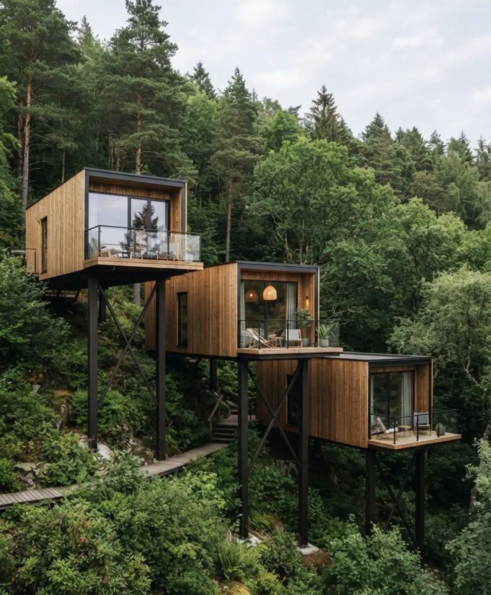 Design inspiration: modern wood-clad cabins raised on steel stilts, stepping down a forested hillside, each with a glass balcony